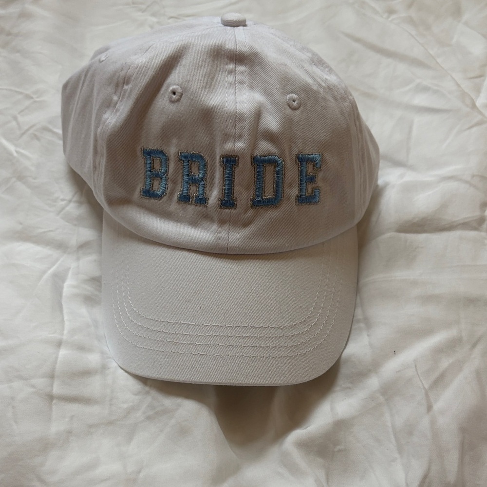 BRIDE Embroidered White Baseball Cap - Light Blue Lettering